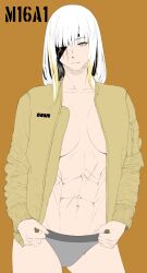 Rule 34 | 1girl, abs, absurdres, breasts, eyepatch, girls&#039; frontline, highres, large breasts, m16a1 (boss) (girls&#039; frontline), m16a1 (girls&#039; frontline), open clothes, orange background, scar, scar on stomach, smolxeno, yellow eyes