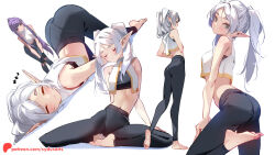 Rule 34 | 2girls, ass, black leggings, black sports bra, breasts, butterfly sitting, closed mouth, crop top, elf, fern (sousou no frieren), foot up, frieren, from side, full body, green eyes, hands on own knees, large breasts, leaning forward, leggings, long hair, looking at viewer, multiple girls, multiple views, pants, parted bangs, patreon username, pointy ears, purple eyes, purple hair, shirt, sitting, sleeping, sleeveless, sleeveless shirt, small breasts, sousou no frieren, sports bra, standing, sydus, top-down bottom-up, twintails, white background, white hair, white shirt, yoga pants, zzz