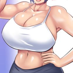 Rule 34 | 1girl, artist request, blush, breasts, cleavage, exercising, faceless, faceless female, gigantic breasts, gym uniform, open mouth, original