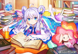 Rule 34 | 1girl, ahoge, bad id, bad pixiv id, blanket, blue bow, blue eyes, book, bow, closed mouth, commentary, company name, cup, detached sleeves, drinking glass, flower, flower knight girl, hachihito, hair bow, hair flower, hair ornament, hair rings, indoors, long hair, looking at viewer, lying, on stomach, open book, pillow, shelf, smile, staff, stuffed animal, stuffed rabbit, stuffed toy, sutera (flower knight girl), the pose, white hair, white legwear, white sleeves