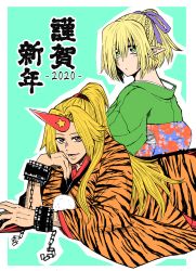 Rule 34 | 2020, 2girls, alternate costume, animal print, blonde hair, blush, bow, braid, chain, closed mouth, commentary request, cuffs, expressionless, french braid, green eyes, green kimono, hair between eyes, hair bow, half updo, head rest, high ponytail, highres, horns, hoshiguma yuugi, japanese clothes, kimono, long hair, looking at viewer, matsuri kyuuta, mizuhashi parsee, multiple girls, open mouth, pointy ears, pom pom (clothes), ponytail, print kimono, purple bow, red eyes, short hair, short ponytail, single horn, smile, tiger print, touhou, translation request, upper body