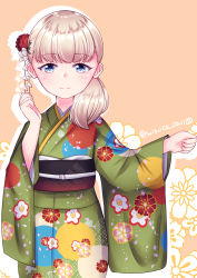 Rule 34 | 1girl, absurdres, blonde hair, blue eyes, blunt bangs, cowboy shot, floral background, floral print, flower, green kimono, hair flower, hair ornament, hair over shoulder, highres, japanese clothes, kantai collection, kimono, long hair, looking at viewer, official alternate costume, orange background, shin&#039;you (kancolle), smile, solo, suzuki suika, twitter username