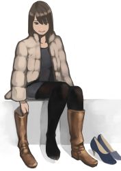 Rule 34 | 1girl, absurdres, black eyes, black hair, black pantyhose, boots, brown footwear, closed mouth, coat, down jacket, feet, full body, high heels, highres, jacket, knee boots, looking down, original, pantyhose, putting on shoes, shadow, shoes, short hair, simple background, single boot, single shoe, sitting, solo, toes, unworn boot, unworn boots, unworn shoes, white background, yomu (sgt epper)