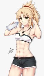 Rule 34 | 1girl, abs, airisubaka, bandeau, belt, belt buckle, blonde hair, blush, bottle, braid, breasts, buckle, cleavage, denim, denim shorts, fate/apocrypha, fate (series), french braid, green eyes, grey background, hair ornament, hair scrunchie, hand in own hair, highres, holding, holding bottle, jewelry, looking at viewer, medium breasts, mordred (fate), mordred (fate/apocrypha), mordred (memories at trifas) (fate), navel, parted lips, pendant, ponytail, red scrunchie, scrunchie, shorts, signature, simple background, smile, solo, stomach, sweat, thighs, toned, water bottle
