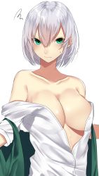 Rule 34 | 1girl, alternate breast size, arms at sides, bare shoulders, breasts, cleavage, closed mouth, collarbone, collared shirt, commentary request, down vest, dress shirt, green vest, hair between eyes, highres, konpaku youmu, large breasts, long sleeves, looking at viewer, no bra, off shoulder, onineko-chan, open clothes, open shirt, open vest, shiny skin, shirt, shirt down, short hair, silver hair, simple background, solo, squiggle, sweatdrop, touhou, vest, white background, white shirt