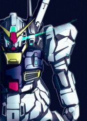 Rule 34 | arm at side, clenched hand, commentary, eye trail, glowing, glowing eyes, green eyes, gundam, gundam mk ii, highres, kuroiwa cookie, light trail, mecha, mobile suit, no humans, robot, science fiction, solo, upper body, v-fin, zeta gundam