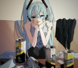 Rule 34 | 1girl, alcohol, aqua eyes, aqua hair, aqua necktie, arm support, bare shoulders, black thighhighs, blurry, blurry foreground, can, commentary, couch, depth of field, eiku, grey shirt, hair ornament, hatsune miku, head rest, headphones, highres, light particles, long hair, looking at viewer, necktie, open mouth, shirt, shoulder tattoo, sitting, sleeveless, sleeveless shirt, smile, solo, strong zero, table, tattoo, thighhighs, twintails, very long hair, vocaloid