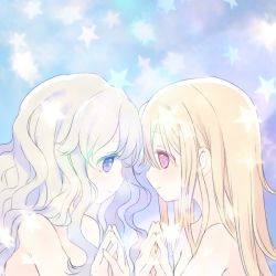 Rule 34 | 2girls, blonde hair, closed mouth, eye contact, grey hair, hands up, hinayuki usa, holding hands, long hair, looking at another, multiple girls, nude, original, profile, purple eyes, red eyes, smile, star (symbol), upper body, wavy hair
