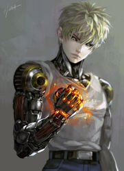 Rule 34 | 1boy, black sclera, blonde hair, blurry, clenched hand, colored sclera, cyborg, earrings, energy, genos, jewelry, kim yura (goddess mechanic), male focus, one-punch man, short hair, signature, solo, tank top, upper body, yellow eyes