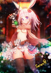 Rule 34 | 1girl, animal ears, artist name, bad id, bad pixiv id, bandaid, bandaids on nipples, belt, belt pouch, black gloves, black thighhighs, blush, breasts, colored eyelashes, fallout (series), fingerless gloves, flower, frilled skirt, frills, gloves, gradient background, gun, hair flower, hair ornament, handgun, jellytits-7, looking at viewer, original, panties, pasties, pouch, purple eyes, rabbit ears, revolver, silver hair, skirt, solo, thighhighs, underwear, weapon, white panties