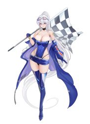 Rule 34 | 1girl, absurdly long hair, arm tattoo, azur lane, breast tattoo, breasts, checkered flag, choker, cleavage, collarbone, dress, elbow gloves, enterprise (azur lane), enterprise (wind catcher) (azur lane), flag, gloves, goggles, goggles on head, highleg, highleg leotard, highres, holding, holding flag, large breasts, latex, latex dress, latex gloves, latex legwear, latex leotard, leotard, long hair, looking at viewer, panties, ponytail, purple eyes, race queen, revealing clothes, silver hair, solo, tattoo, tattoo on hips, tsuki no i-min, underwear, very long hair