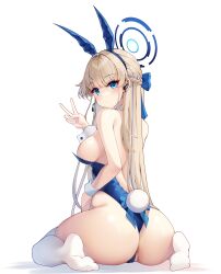 Rule 34 | 1girl, absurdres, animal ears, ass, back, backless leotard, blonde hair, blue archive, blue bow, blue eyes, blue hairband, blue leotard, bow, braid, breasts, cameltoe, ear piercing, earpiece, fake animal ears, fake tail, french braid, from behind, full body, hairband, halo, highres, leotard, long hair, looking back, medium breasts, microphone, no shoes, official alternate costume, official alternate hairstyle, piercing, playboy bunny, rabbit ears, rabbit tail, sideboob, sitting, sob (submar1089), tail, thighhighs, toki (blue archive), toki (bunny) (blue archive), v, very long hair, wariza, white thighhighs, wrist cuffs