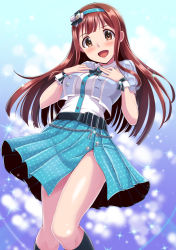 Rule 34 | 1girl, blue skirt, blush, brooch, brown eyes, brown hair, chain, collar, cuffs, dan (orange train), from below, hair ornament, hairband, idol clothes, idolmaster, idolmaster million live!, jewelry, long hair, looking at viewer, open mouth, shirt, side slit, skirt, smile, solo, tanaka kotoha, thighs, white shirt, wrist cuffs
