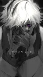 Rule 34 | 1boy, bad id, bad twitter id, black background, covering face, highres, long sleeves, looking at viewer, male focus, multicolored hair, one eye covered, purple eyes, simple background, solo, song name, spot color, streaked hair, torn clothes, upper body, vocaloid, white hair, winnie schrader, wooma, wozwald (vocaloid)