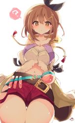 Rule 34 | 1girl, :o, ?, arms behind back, atelier (series), atelier ryza, atelier ryza 1, blush, brown hair, collarbone, eye contact, from below, hair between eyes, hair ornament, hairpin, highres, looking at another, looking at viewer, looking down, muuran, navel, potion, reisalin stout, shorts, simple background, solo, thigh gap, thighs, white background