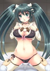 Rule 34 | 10s, 1boy, 1girl, admiral (kancolle), black bra, black thighhighs, blush, bow, bow bra, bra, breasts, cameltoe, choker, cleavage, clothes lift, clothes pull, collarbone, covered erect nipples, detached sleeves, green eyes, green hair, hair bow, heart, hetero, isuzu (kancolle), jewelry, kantai collection, kneeling, large breasts, long hair, long sleeves, looking at viewer, midriff, navel, open mouth, panties, pants, pink bow, ring, shiny skin, shirt, shirt lift, shirt pull, side-tie panties, solo focus, spread legs, thighhighs, twintails, underwear, underwear only, uzura no tamago (yudeuzutama), white bow, white pants