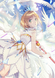 Rule 34 | 1girl, above clouds, antenna hair, blue sky, cardcaptor sakura, cloud, crown, dress, ecoliff, feet out of frame, flying, from behind, gem, gloves, green eyes, hair intakes, holding, holding wand, kinomoto sakura, light brown hair, looking at viewer, looking back, magical girl, parted lips, short hair, sky, sleeveless, sleeveless dress, solo, sun, sunlight, wand, white dress, white gloves, wings, yume no tsue