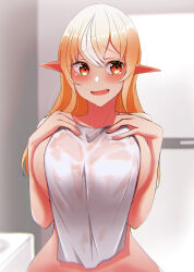 Rule 34 | 1girl, absurdres, averting eyes, bathroom, blonde hair, blush, breasts, commentary, dark-skinned female, dark skin, hands on own chest, highres, hololive, indoors, large breasts, long hair, looking to the side, multicolored hair, naked towel, nervous smile, open mouth, pointy ears, red eyes, see-through, shiranui flare, smile, solo, towel, two-tone hair, upper body, virtual youtuber, wet, wet towel, white hair, yamaki (yamaki801)