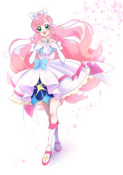 Rule 34 | 1girl, absurdres, ascot, boots, bow, braid, brooch, commentary, crossed knees, cure prism, dress, earrings, elbow gloves, fujisaki star, full body, gloves, green eyes, hair bow, hands on own chest, highres, hirogaru sky! precure, jewelry, knee boots, layered dress, long hair, looking at viewer, magical girl, medium dress, nijigaoka mashiro, open mouth, pink hair, precure, side braids, single earring, sleeveless, sleeveless dress, smile, solo, standing, very long hair, white ascot, white background, white bow, white dress, white footwear, white gloves, wing brooch, wing hair ornament