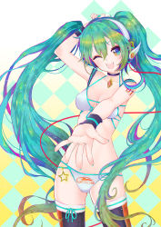 Rule 34 | 1girl, ;d, arm up, bikini, black thighhighs, checkered background, goodsmile company, goodsmile racing, green eyes, green hair, hair between eyes, hatsune miku, headphones, highres, long hair, nail polish, one eye closed, open mouth, outstretched arm, race queen, racing miku, smile, solo, swimsuit, tattoo, thighhighs, twintails, very long hair, vocaloid, white bikini