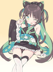 Rule 34 | 1girl, ;d, animal ear headphones, animal ears, bare shoulders, black kimono, black panties, black skirt, black sleeves, blade (galaxist), blush, brown hair, cat ear headphones, commentary request, copyright request, detached sleeves, fake animal ears, frilled skirt, frilled sleeves, frills, green eyes, green hair, hand up, headphones, japanese clothes, kimono, long hair, long sleeves, multicolored hair, obi, one eye closed, open mouth, panties, pleated skirt, sash, short eyebrows, skirt, sleeveless, sleeveless kimono, sleeves past wrists, smile, solo, thick eyebrows, thighhighs, two-tone hair, two side up, underwear, v, very long hair, white thighhighs, wide sleeves