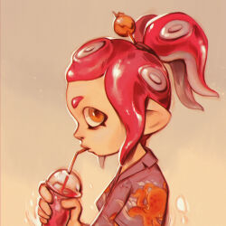 Rule 34 | 1girl, brown eyes, commentary, cup, drinking, drinking straw, drinking straw in mouth, english commentary, from side, grey background, hawaiian shirt, highres, holding, holding cup, looking at viewer, nintendo, octoling, octoling girl, octoling player character, octopus print, pink hair, ponytail, profile, shirt, smoothie, solo, splatoon (series), sprouteeh, suction cups, tentacle hair, upper body