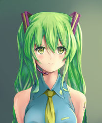 Rule 34 | 1girl, alternate hair color, bad id, bad pixiv id, fang xue jun, green hair, hair ornament, hatsune miku, headset, highres, light smile, long hair, solo, twintails, upper body, vocaloid, yellow eyes