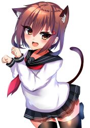 Rule 34 | 1girl, animal ears, bad id, bad pixiv id, black skirt, black thighhighs, blush, brown hair, cat ears, cat tail, hair between eyes, hair ornament, hairclip, highres, ikazuchi (kancolle), kantai collection, kemonomimi mode, long sleeves, looking at viewer, miniskirt, neckerchief, open mouth, paw pose, red neckerchief, ricroot, school uniform, serafuku, short hair, simple background, skirt, smile, solo, tail, thighhighs, white background