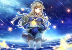 Rule 34 | 1girl, blonde hair, blue eyes, blue shirt, breasts, cleavage, cluseller, commentary request, cowboy shot, double bun, fletcher (kancolle), fletcher mk ii (kancolle), gloves, hair bun, hair ornament, hairband, horizon, kantai collection, large breasts, long hair, looking at viewer, meteor shower, neckerchief, night, off shoulder, pleated skirt, sailor collar, sample watermark, school uniform, serafuku, shirt, skirt, sky, solo, standing, star (sky), star (symbol), star hair ornament, starry sky, text background, thighhighs, water, watermark, white gloves, white sailor collar, white skirt, white thighhighs, yellow neckerchief