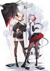 Rule 34 | 2girls, alternate costume, antenna hair, arched back, arknights, arm warmers, armband, armpit peek, azur lane, babel logo (arknights), bag, bare shoulders, black choker, black footwear, black legwear, black nails, black skirt, black sleeves, blonde hair, blue scarf, boots, breasts, brown eyes, brown legwear, choker, cleavage, closed mouth, clothing cutout, cobblestone, commentary, commission, controller, covered navel, crop top, crop top overhang, cross, crossover, demon horns, demon tail, detonator, english commentary, eyebrows hidden by hair, fingernails, fishnet legwear, fishnets, frilled skirt, frills, from side, full body, gainoob, garter straps, grin, gun, hair between eyes, hand on own chest, hand up, hands up, head tilt, headgear, high heel boots, high heels, highres, holding, holding bag, holding leash, holding remote control, horns, iron cross, knee boots, large breasts, leaning forward, leash, legs apart, long sleeves, looking at viewer, looking back, miniskirt, multicolored clothes, multicolored hair, multicolored scarf, multiple girls, nail polish, pantyhose, parted lips, pencil skirt, red eyes, red horns, red nails, red scarf, red skirt, remote control, rhine lab logo, rhodes island logo (arknights), road sign, roon (azur lane), scarf, shirt, short hair, shoulder cutout, side slit, sign, signature, silver hair, skirt, sleeveless, sleeveless shirt, smile, standing, streaked hair, tail, thighhighs, two-sided fabric, two-tone skirt, w (arknights), w arms, watermark, weapon, white background, white shirt, zettai ryouiki