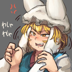 Rule 34 | 2girls, anger vein, animal hat, blonde hair, blush, brown eyes, chanta (ayatakaoisii), elbow gloves, fang, gloves, grey background, hands on another&#039;s face, hands up, hat, looking at another, mob cap, multiple girls, open mouth, out of frame, short hair, simple background, sweatdrop, teeth, tongue, touhou, white gloves, yakumo ran, yakumo yukari