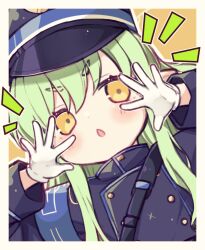 Rule 34 | ..., 1girl, armband, atuudon, blue archive, blue armband, blush, border, buttons, chestnut mouth, chibi, commentary request, double-breasted, dutch angle, gloves, green hair, hat, highres, hikari (blue archive), looking at viewer, notice lines, parted lips, peaked cap, sidelocks, spoken ellipsis, train conductor, upper body, white gloves, yellow eyes