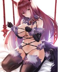 Rule 34 | 1girl, animal ears, bed, breasts, claw pose, cosplay, elbow gloves, fate/grand order, fate (series), fur-trimmed gloves, fur-trimmed legwear, fur collar, fur trim, gae bolg (fate), gloves, hair intakes, highres, kneeling, large breasts, long hair, looking at viewer, mash kyrielight, mash kyrielight (dangerous beast), mash kyrielight (dangerous beast) (cosplay), nicky w, official alternate costume, purple gloves, purple hair, red eyes, revealing clothes, scathach (fate), solo, tail, very long hair, white background, wolf ears, wolf tail