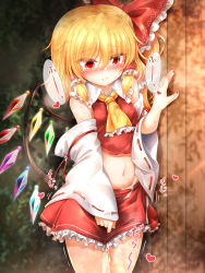 Rule 34 | 1girl, aftersex, ascot, bare shoulders, blonde hair, blush, bow, breasts, bush, closed mouth, collar, collared shirt, cosplay, crystal, cum, cumdrip, detached sleeves, eyes visible through hair, fang, flandre scarlet, frills, hair between eyes, hair bow, hair ornament, hair tubes, hakurei reimu, hakurei reimu (cosplay), hand up, heart, highres, japanese clothes, jewelry, long sleeves, looking at viewer, marukyuu ameya, medium breasts, miko, miniskirt, multicolored wings, nail polish, navel, no headwear, ponytail, red bow, red eyes, red nails, red shirt, red skirt, shadow, shirt, short hair, skirt, solo, standing, stomach, sweat, touhou, wall, white sleeves, wide sleeves, wings, yellow ascot