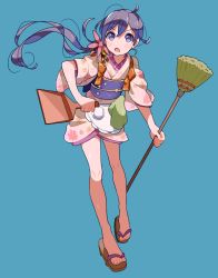 Rule 34 | &gt;:o, 10s, 1girl, :o, absurdres, akebono (kancolle), apron, bad id, bad pixiv id, bell, blue background, broom, dustpan, enji (nk), enji (uoutaaaa 1224), flower, hair bell, hair flower, hair ornament, highres, holding, holding dustpan, japanese clothes, jingle bell, kantai collection, kimono, looking at viewer, obi, open mouth, purple eyes, purple hair, sandals, sash, side ponytail, simple background, solo, tasuki, v-shaped eyebrows