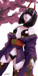 Rule 34 | 1girl, absurdres, bare shoulders, blurry, blurry background, blush, bob cut, breasts, cherry blossoms, eyeliner, fangs, fate/grand order, fate (series), fingernails, headpiece, highres, horns, japanese clothes, kimono, long sleeves, looking at viewer, makeup, navel, obi, oni, open mouth, purple eyes, purple hair, purple kimono, revealing clothes, sah, sash, sharp fingernails, short hair, shuten douji (fate), skin-covered horns, small breasts, smile, solo, takashimaex, thighs, tree, white background, wide sleeves
