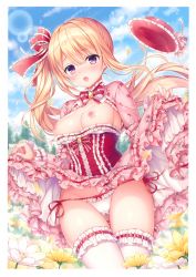 Rule 34 | 1girl, :o, absurdres, blonde hair, blush, breasts, breasts out, clothes lift, cloud, cowboy shot, crotch seam, day, dress, dress lift, floating hair, flower, frilled dress, frills, gluteal fold, hair ribbon, highres, lifted by self, long hair, looking at viewer, medium breasts, mitsuba choco, nipples, non-web source, open mouth, original, outdoors, panties, pink dress, pomimiko, purple eyes, red headwear, ribbon, scan, side-tie panties, side ponytail, sky, solo, standing, thighhighs, thighs, underbust, underwear, very long hair, white panties, white thighhighs, yellow flower