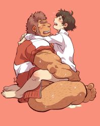 Rule 34 | 2boys, age difference, anal, barefoot, blush, bottomless, coach, cum, cum in ass, cumdrip, dark-skinned male, dark skin, feet, from side, heart, highres, male focus, male penetrated, multiple boys, muscular, onii-shota, protagonist 4 (housamo), sex, shirako (artist), sitting, size difference, teacher, teacher and student, thighs, yaoi