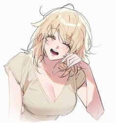 Rule 34 | 1girl, ^ ^, blonde hair, breasts, closed eyes, closed mouth, collarbone, commentary, dungeon meshi, facing viewer, falin touden, falin touden (tallman), hand up, large breasts, malga (milky721), messy hair, open mouth, shirt, short hair, short sleeves, simple background, solo, t-shirt, upper body, v-neck, white background