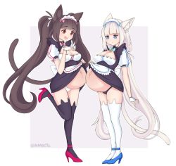 Rule 34 | 2girls, absurdres, animal ear legwear, animal ears, apron, artist name, bell, belly-to-belly, black dress, black panties, black thighhighs, blunt bangs, breasts, brown hair, buttons, cat ear legwear, cat ears, cat girl, cat tail, chocola (nekopara), cleavage, closed mouth, clothes pull, commentary, dress, dress pull, fingerless gloves, full body, gloves, high heels, highres, jingle bell, long hair, looking at another, maid, maid headdress, medium breasts, multiple girls, navel, neck bell, nekopara, open mouth, orange eyes, panties, pregnant, puffy short sleeves, puffy sleeves, pulled by self, short sleeves, sidelocks, slit pupils, smile, standing, standing on one leg, tail, thighhighs, twintails, underbust, underwear, vanabette, vanilla (nekopara), very long hair, waist apron, white hair, white panties, white thighhighs