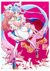 Rule 34 | ahoge, blue eyes, blue hair, brooch, cape, carrying, commentary request, cure sky, detached sleeves, dress, full body, green eyes, half updo, highres, hirogaru sky! precure, jewelry, kamikita futago, long hair, magical girl, nijigaoka mashiro, official art, pink hair, precure, princess carry, puffy detached sleeves, puffy sleeves, sailor collar, single sidelock, sora harewataru, thighhighs, twintails, two-sided cape, two-sided fabric, white sailor collar, white thighhighs, wing brooch, wing hair ornament