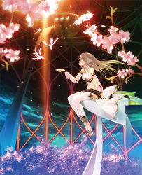 Rule 34 | 1girl, animal ears, bare shoulders, bird, blue eyes, breasts, brown hair, cherry blossoms, ciel nosurge, cleavage, cover, dress, flower, halterneck, halterneck, ionasal kkll preciel, jewelry, long hair, midriff, navel, no socks, non-web source, ntny, official art, pendant, petals, sandal dangle, sandals, sitting, solo, surge concerto, thighhighs, toeless legwear, tree, video game cover, white thighhighs