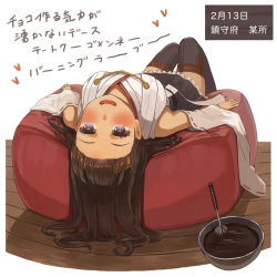 Rule 34 | 10s, 1girl, 2017, bad id, bad pixiv id, bare shoulders, black legwear, black skirt, blue eyes, blush, brown hair, burning love (phrase), chocolate, commentary request, dated, detached sleeves, frilled skirt, frills, hairband, heart, heart-shaped pupils, japanese clothes, kantai collection, kongou (kancolle), long hair, mixing bowl, nontraditional miko, open mouth, pajant, ribbon-trimmed sleeves, ribbon trim, skirt, smile, solo, symbol-shaped pupils, translation request, whisk