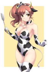 Rule 34 | 1girl, animal ears, animal print, bare shoulders, blonde hair, blush, breasts, brown hair, cleavage, cleavage cutout, closed mouth, clothing cutout, collarbone, covered navel, cow ears, cow horns, cow print, cow tail, cowboy shot, elbow gloves, fake animal ears, fake horns, fake tail, gloves, groin, hairband, halterneck, highres, holding, horns, idolmaster, idolmaster cinderella girls, igarashi kyoko, large breasts, long hair, looking at viewer, o-ring, outside border, pataneet, print gloves, print leotard, print thighhighs, side ponytail, simple background, solo, spatula, tail, thighhighs, two-tone hairband, white gloves, white thighhighs, yellow background