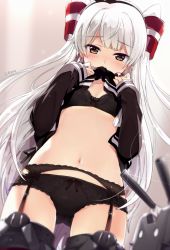 Rule 34 | 10s, 1girl, amatsukaze (kancolle), black bra, black panties, black thighhighs, bow, bow bra, bow panties, bra, breasts, brown dress, clothes lift, dress, dress lift, from below, garter belt, garter straps, hair ornament, hair tubes, kantai collection, lingerie, long hair, looking at viewer, mouth hold, navel, ogipote, panties, rensouhou-kun, ribbon, sailor dress, silver hair, simple background, small breasts, solo, solo focus, striped, thigh gap, thighhighs, twitter username, two side up, underwear