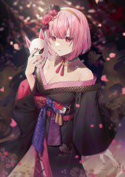 Rule 34 | 1girl, animal ears, bare shoulders, black kimono, breasts, detached collar, flower, fox ears, hair flower, hair ornament, hairband, hand up, highres, holding, holding mask, hololive, hololive english, japanese clothes, kimono, long sleeves, looking at viewer, mask, medium breasts, mori calliope, mori calliope (new year), nail polish, obi, parted lips, petals, pink eyes, pink hair, red flower, red nails, sash, short hair, solo, standing, virtual youtuber, wenz