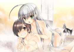 Rule 34 | 1boy, 1girl, :d, ahoge, bathroom, bathtub, bent over, blush, breasts, brown eyes, brown hair, cleavage, clenched teeth, collarbone, embarrassed, green eyes, hair between eyes, hair censor, hair over breasts, haiyore! nyaruko-san, hands on another&#039;s shoulder, kneeling, koin (foxmark), long hair, mixed-sex bathing, novel illustration, nude, nyarlathotep (nyaruko-san), official art, open mouth, partially submerged, shared bathing, shiny skin, silver hair, sitting, small breasts, smile, teeth, very long hair, yasaka mahiro