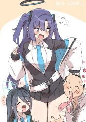 Rule 34 | 1boy, 2girls, puff of air, aris (blue archive), doodle sensei (blue archive), black hairband, black shirt, black skirt, blue archive, blue necktie, blush, choujiroo, closed eyes, collared shirt, english text, hairband, halo, heart, highres, jacket, licking, licking thigh, long hair, long sleeves, multiple girls, necktie, open mouth, purple eyes, purple hair, sensei (blue archive), shirt, skirt, thighs, two side up, white jacket, white shirt, yuuka (blue archive)