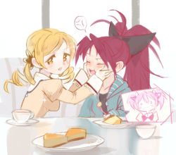 Rule 34 | 3girls, :d, anger vein, aqua jacket, bad id, bad pixiv id, black bow, blonde hair, blush, bow, breasts, cake, cheek squash, closed eyes, closed mouth, commentary request, cup, drill hair, food, fork, hair bow, hair ornament, holding, holding fork, indoors, inset, jacket, kaname madoka, long hair, long sleeves, mahou shoujo madoka magica, mahou shoujo madoka magica (anime), medium breasts, mitakihara school uniform, multiple girls, o o, open clothes, open jacket, open mouth, pink hair, red hair, sakura kyoko, saucer, school uniform, she li (lynxm), sitting, smile, sparkle, spoken anger vein, sweatdrop, teacup, tomoe mami, track jacket, twin drills, twintails, yellow eyes