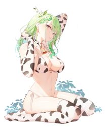 Rule 34 | 1girl, absurdres, alternate costume, animal print, antlers, arm behind head, bell, bikini, braid, braided bangs, branch, bridal gauntlets, ceres fauna, choker, cow print, cow print bikini, cowbell, drop earrings, earrings, elbow gloves, flower, full body, gloves, green hair, hair flower, hair ornament, halterneck, hand in own hair, head tilt, highres, hololive, hololive english, horns, jewelry, kneeling, leaf, long hair, looking at viewer, looking away, looking to the side, mole, mole under eye, navel, neck bell, no shoes, notcy4n, o-ring, o-ring choker, o-ring top, print bikini, print choker, print gloves, print thighhighs, side-tie bikini bottom, sideways glance, simple background, single braid, sitting, solo, stomach, string bikini, swimsuit, thighhighs, virtual youtuber, wariza, white background, yellow eyes